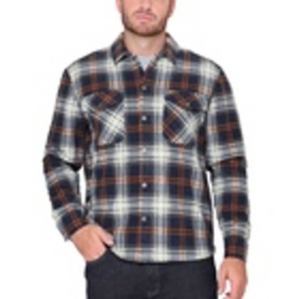 NWT BC Clothing Heritage Men Flannel Shirt Navy Tan Plaid Button Up Size Small